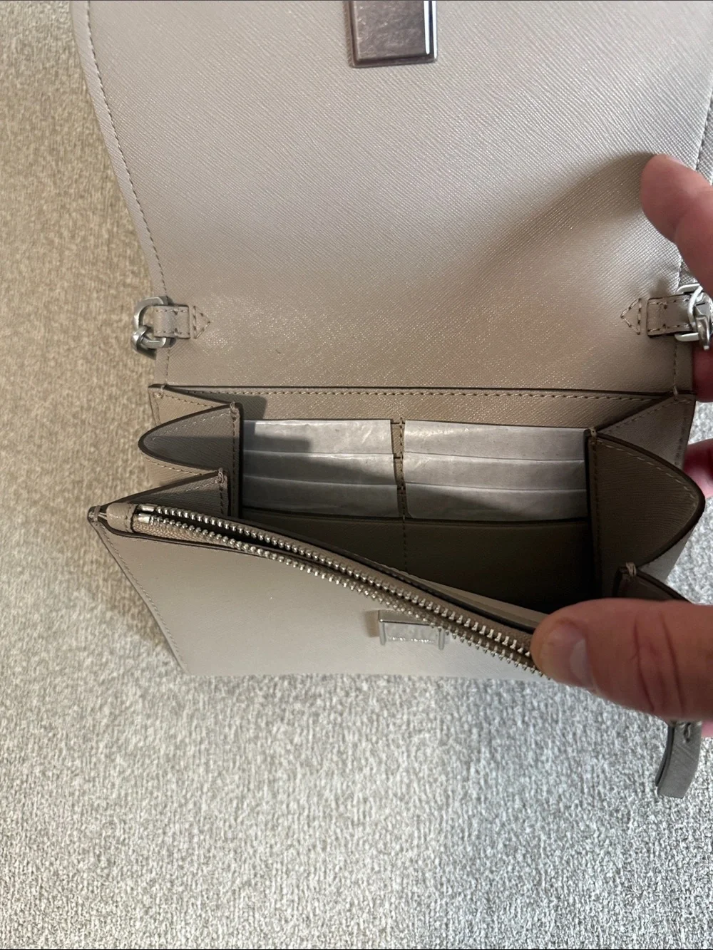 Tory Burch Taupe Pebbled Leather Chain Flap Crossbody